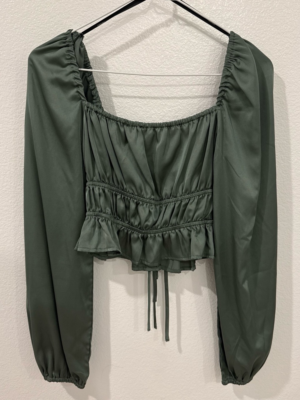Long Sleeve Olive Green Smocked Crop Top